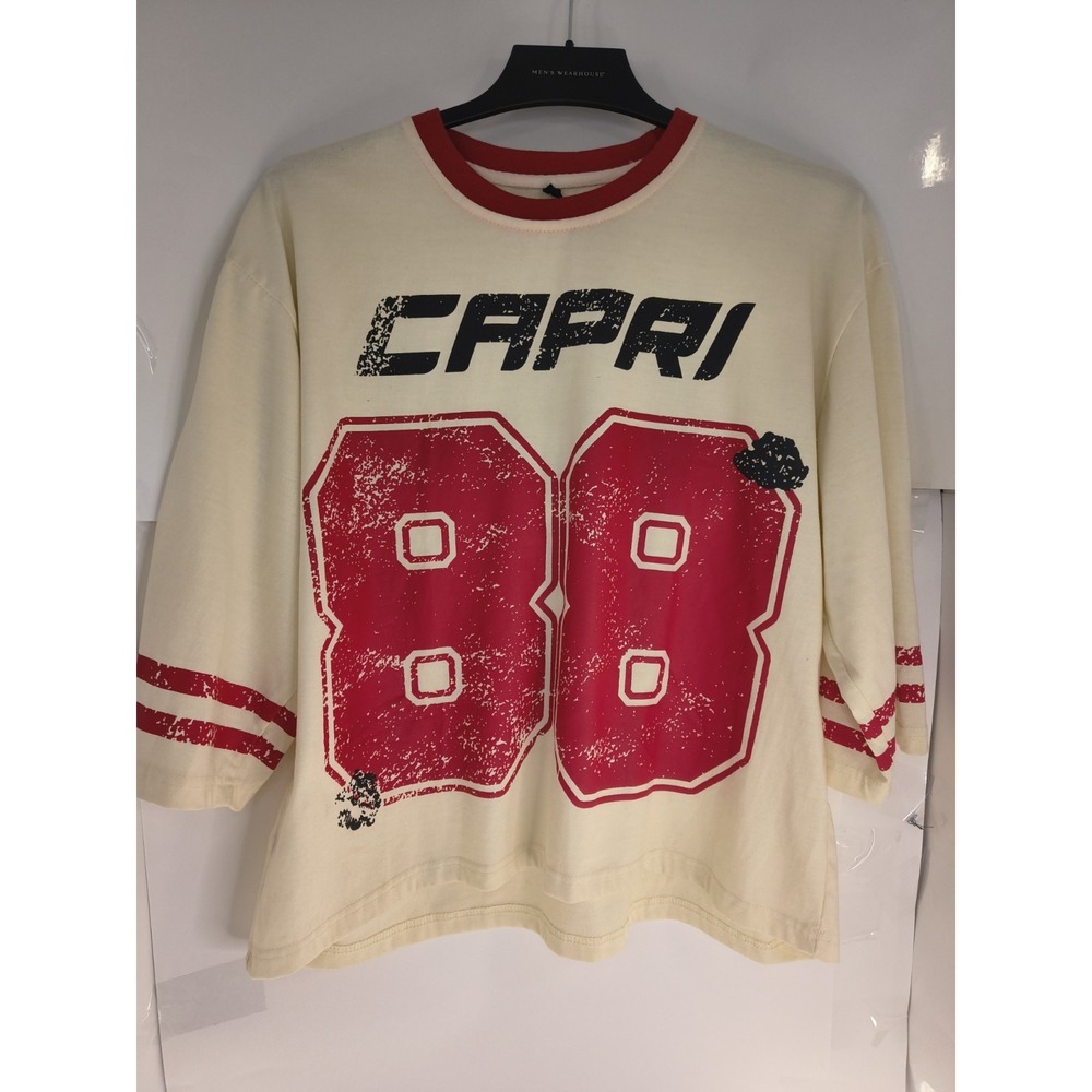 Vintage Capri 88 Graphic T Shirt Womens L Cropped Cream Red Ringer Tee Distresse